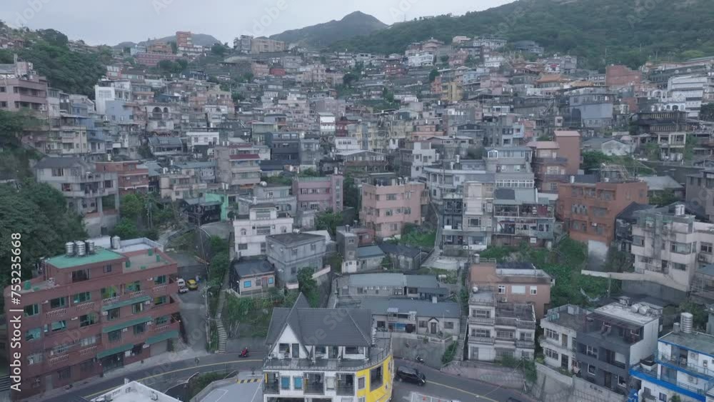 Taiwan, Jiufen, aerial view of Jiufen Old Town, a famous tourist village on the mountain in Taiwan Taiwan, Jiufen, aerial view of Jiufen Old Town, a famous tourist village on the mountain in Taiwan