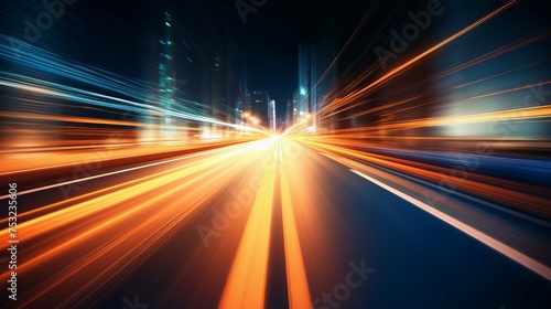 Flashing lights convey rapid acceleration on a nighttime road.