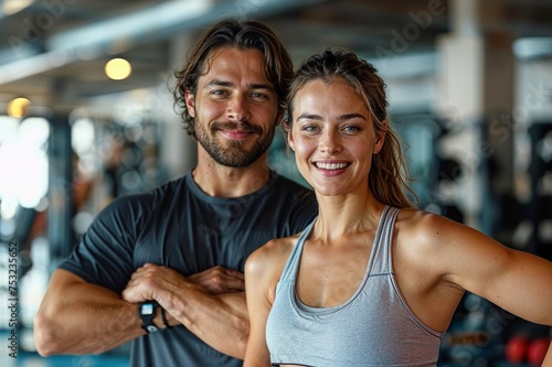 Gemeinsam stark: Junges Paar trainiert im Fitnessstudio für Gesundheit und Fitness photo