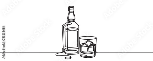 Continuous one line drawing. Bottle and glass of whiskey with ice. Vector illustration