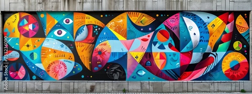 Dynamic and colorful abstract mural featuring various shapes and patterns on an urban wall.