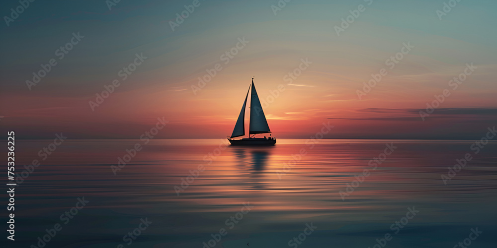 Sailboat drifting into the sunset. Sunset serenity. Sailboat silhouette on the horizon. A lonely sailing boat floating in the ocean.