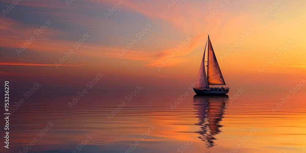 Sailing boat on the ocean at sunset. Sailing into the Sunset. Serene seascape with reflective waters. Minimalist sailboat reflections at twilight.