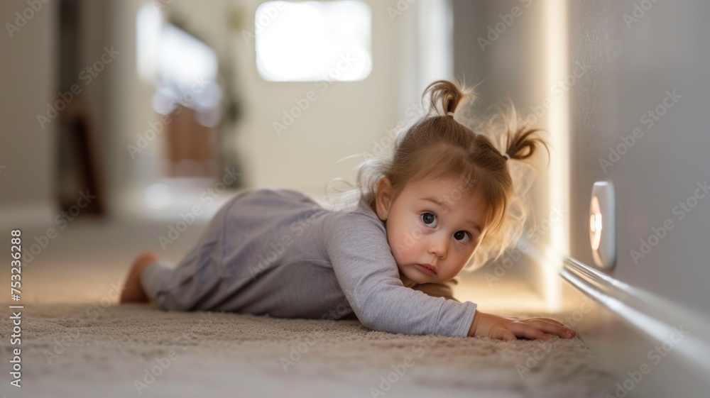 Childproofing essentials with button battery safety in mind,adorable toddler lying on the floor, gazing at a nightlight