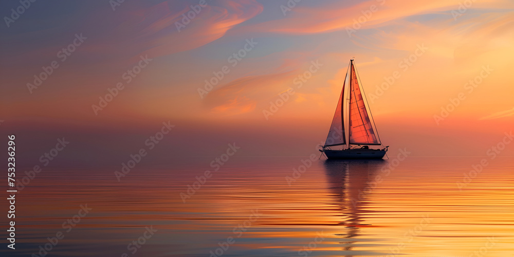 Sailing boat in the sea at sunset. Beautiful seascape. Minimalist sailing background of a sailboat reflecting on the still water.