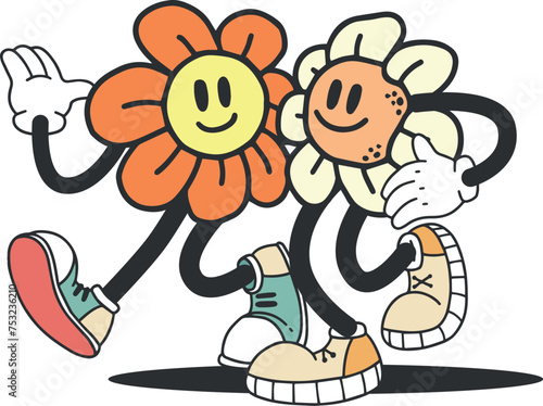 Retro flowers groovy mascot characters