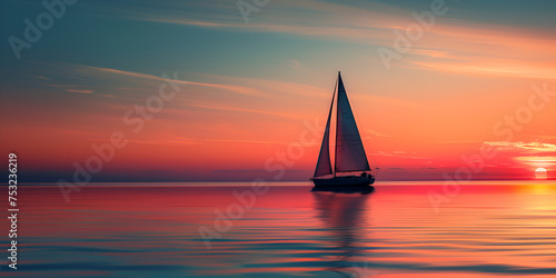Sailboat drifting into the sunset. Sunset serenity. Sailboat silhouette on the horizon. Serene seascape with reflective waters.