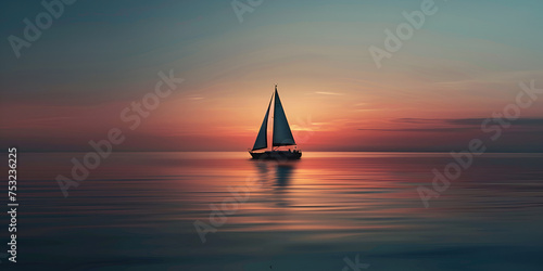 Sailboat drifting into the sunset. Sunset serenity. Sailboat silhouette on the horizon. A lonely sailing boat floating in the ocean.