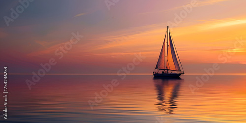 Sailing boat in the sea at sunset. Beautiful seascape. Minimalist sailing background of a sailboat reflecting on the still water.