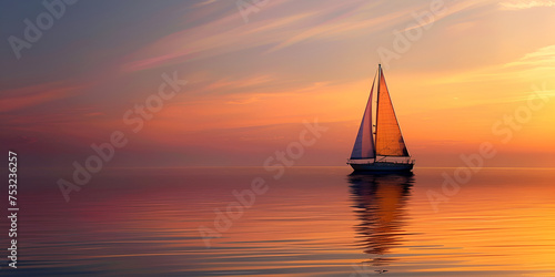 Peaceful seascape with lone sailboat. Sunset sail. Serene seascape with reflective waters. Beautiful summer landscape.
