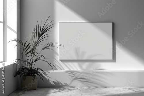 Shadowy room corner featuring a blank poster mockup next to a potted plant, suitable for art display or branding photo