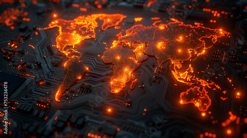 close up of circuit board with digital world map. Technology and communication concept.