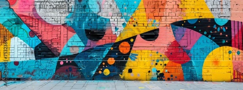 Vibrant street art mural on an urban wall featuring abstract geometric shapes in bold colors.