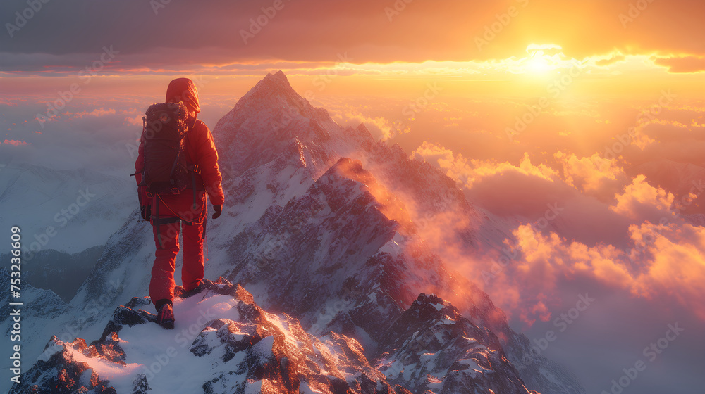 Fototapeta premium Hiker on the top of the mountain at sunset