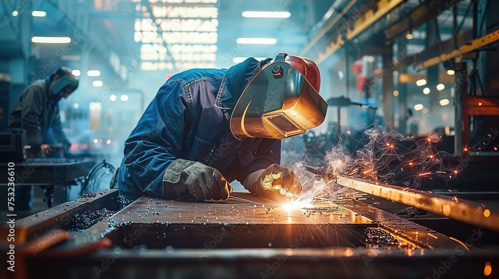 Industrial Welder at Work in Manufacturing Plant Industrial Welder at Work in Manufacturing Plant