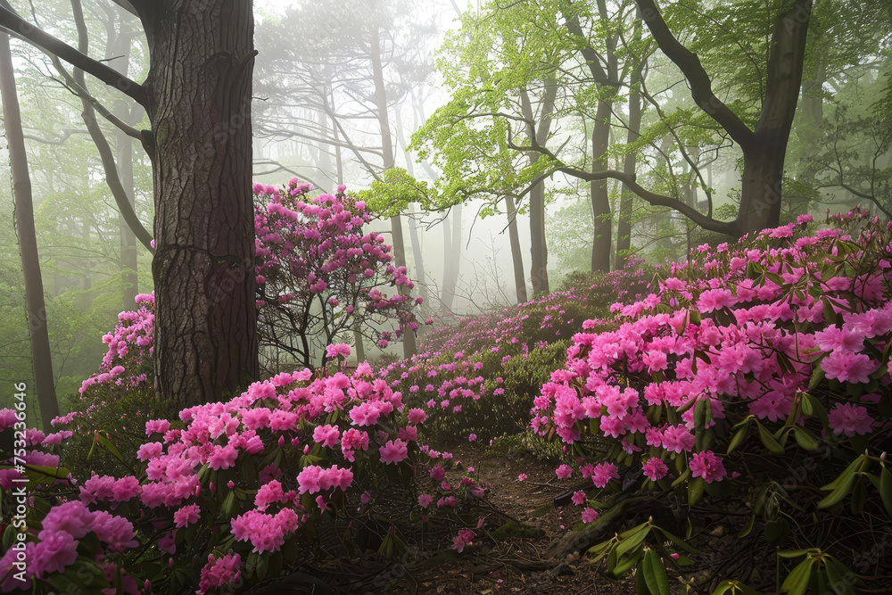 A misty forest reveals glimpses of azaleas and camellias. Their petals ...