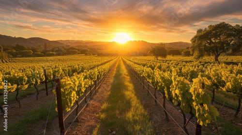 The setting sun casts a golden glow over row upon row of grapevines in a sprawling vineyard  symbolizing a rich harvest season. Resplendent.