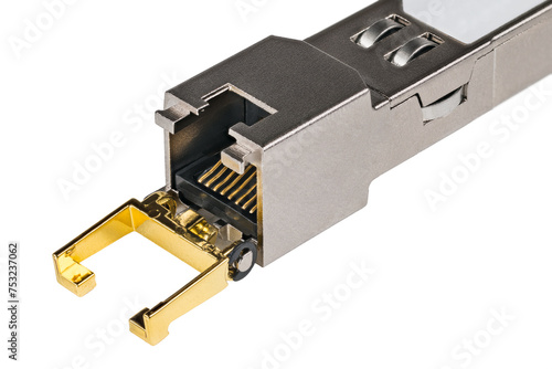 Standardized modular hot-pluggable network interface module on a white background. Close-up of metal compact small form-factor pluggable  SFP  transceiver with plug for registered jack connector RJ45.