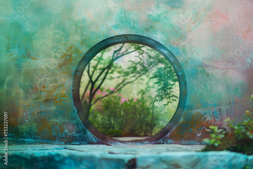 A moon gate stands in a misty garden. Beyond its circular frame, layers of color blend seamlessly--jade green, peach pink, and azure blue.