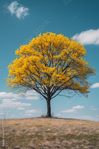 A tree with yellow flowers is blooming on a hilltop, under a clear blue sky with fluffy white clouds. The natural landscape is breathtaking, with lush greenery and a serene atmosphere