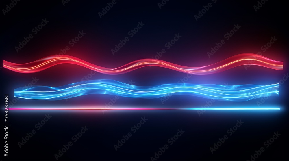 Light motion effect captures the glow of road traffic at night with abstract wavy and straight blue and red light lines, presented as shiny strips isolated on a transparent background. - obrazy, fototapety, plakaty 