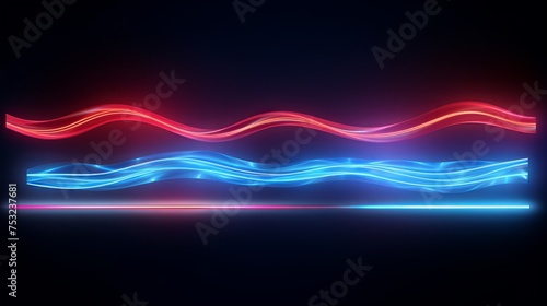 Light motion effect captures the glow of road traffic at night with abstract wavy and straight blue and red light lines, presented as shiny strips isolated on a transparent background. photo