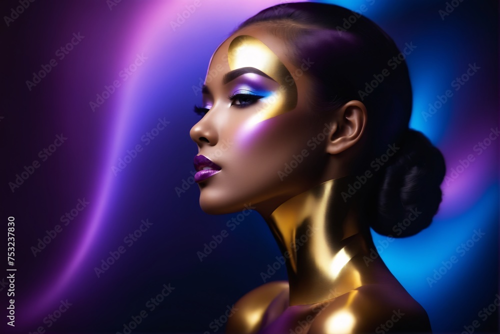 Woman embodies vogue glamour in gold. Beautiful artwork evokes admiration.