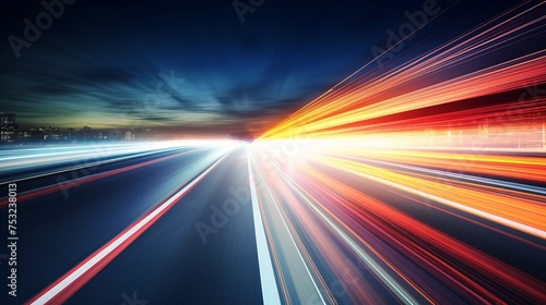 lluminated speed motion lines adorn the night highway road, creating a transportation-themed background.