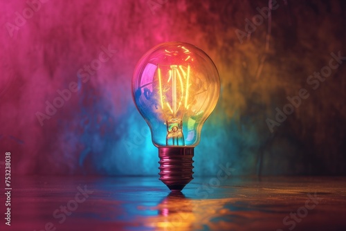 A classic incandescent light bulb on a colorful background.