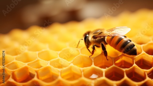 Marvel at the sight of a vibrant yellow honeycomb adorned with honey and a bee, offering a captivating background.