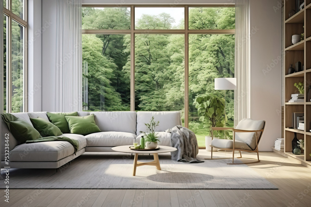 bright airy room interior in scandy nordic natural style decorated with fresh plants, green natural view from the windows - obrazy, fototapety, plakaty 