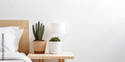 Morning with white, stylish, minimalistic, rustic or Scandinavian sunny bedroom. A cactus stands on a wooden table, next to a black lamp. Horizontal copy space is empty. © Vusal