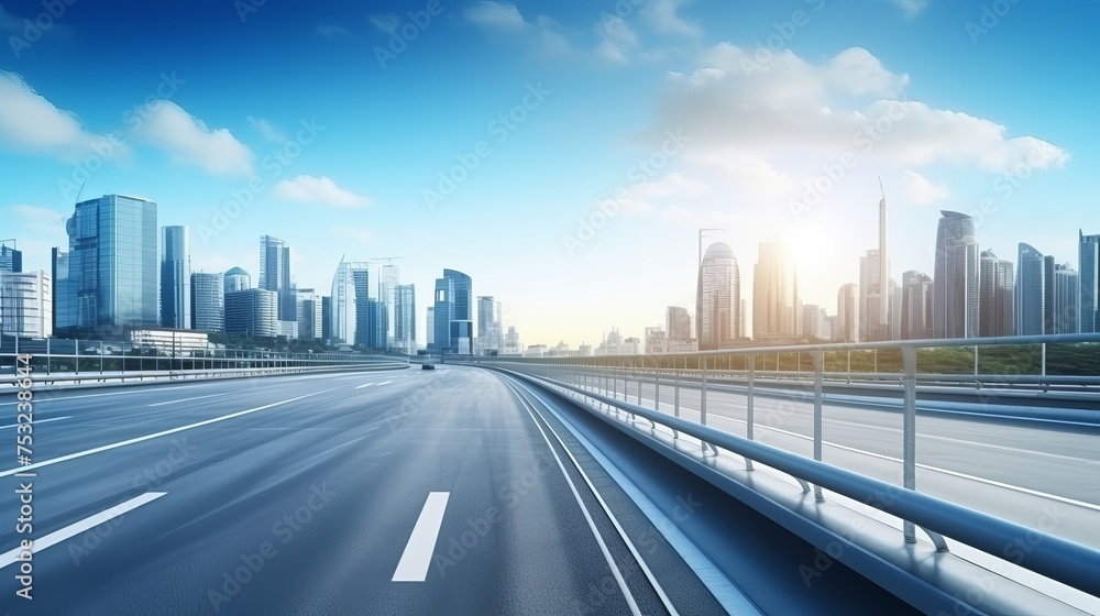 Fototapeta premium Motion blur of a highway overpass against a city skyline background is depicted in a 3D rendering of an early morning scene.