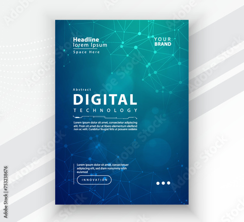 Poster brochure cover banner presentation layout template, Technology digital futuristic internet network connection green blue background, Abstract cyber future tech communication Ai big data science