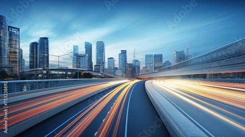 Motion blur of a highway overpass against a city skyline background is depicted in a 3D rendering of an early morning scene.