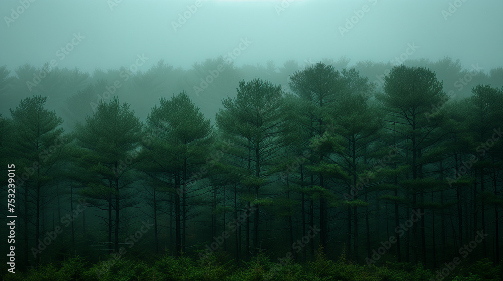 Fototapeta premium A mystical pine forest shrouded in thick mist