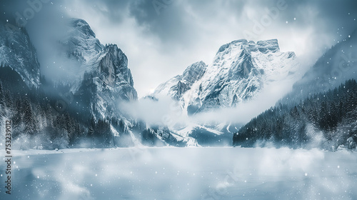 A calm lake nestles amidst snow-capped mountains and a misty pine forest