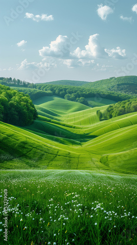 A lush green meadow dotted with white flowers basks under a bright morning sky