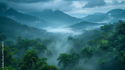 A misty jungle with lush vegetation © Jakraphong
