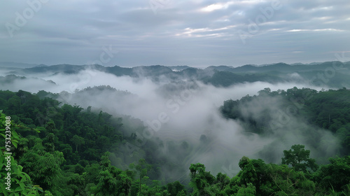 A misty mountain landscape with a lone tree peeking through the fog  seen from above