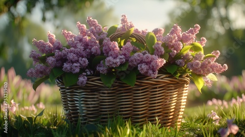 a basket filled with pink flowers sitting on top of a lush green field with purple flowers in the middle of the basket. photo