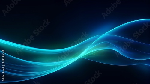 Azure blue green light effect  curve shape neon speed motion. Futuristic illustration in cyberpunk style light trail vector  slow shutter  night city. Color swirl power waves flow. Electric trail