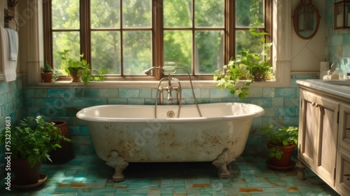 a white bath tub sitting under a window next to a sink and a window with a potted plant next to it. © Anna