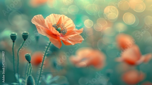 a close up of a flower in a field of flowers with blurry boke of light in the background.