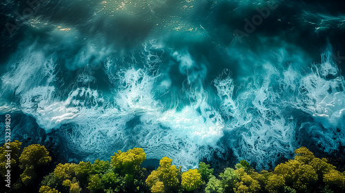 Aerial Perspective Of Turquoise Ocean Waves Crashing Into Yellow-Green Coral Reefs