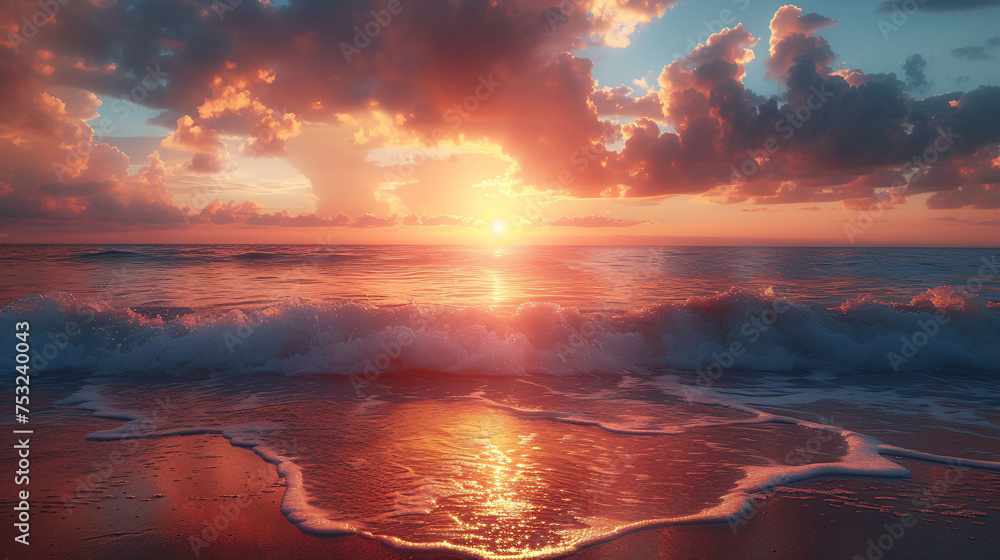 Beautiful sunset above sea or ocean. Vibrant and soft colors, magic light. clouds on the sky, reflection of sun in the water and sand on beach. Concept of romantic time on vacation in tropical.
