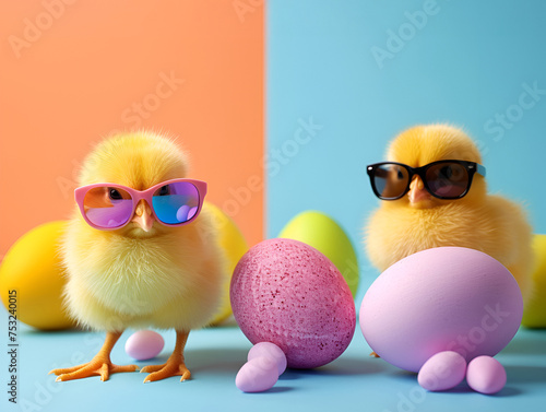 Yellow chicks wearing sunglasses pose with Easter eggs against a colorful background © Alina