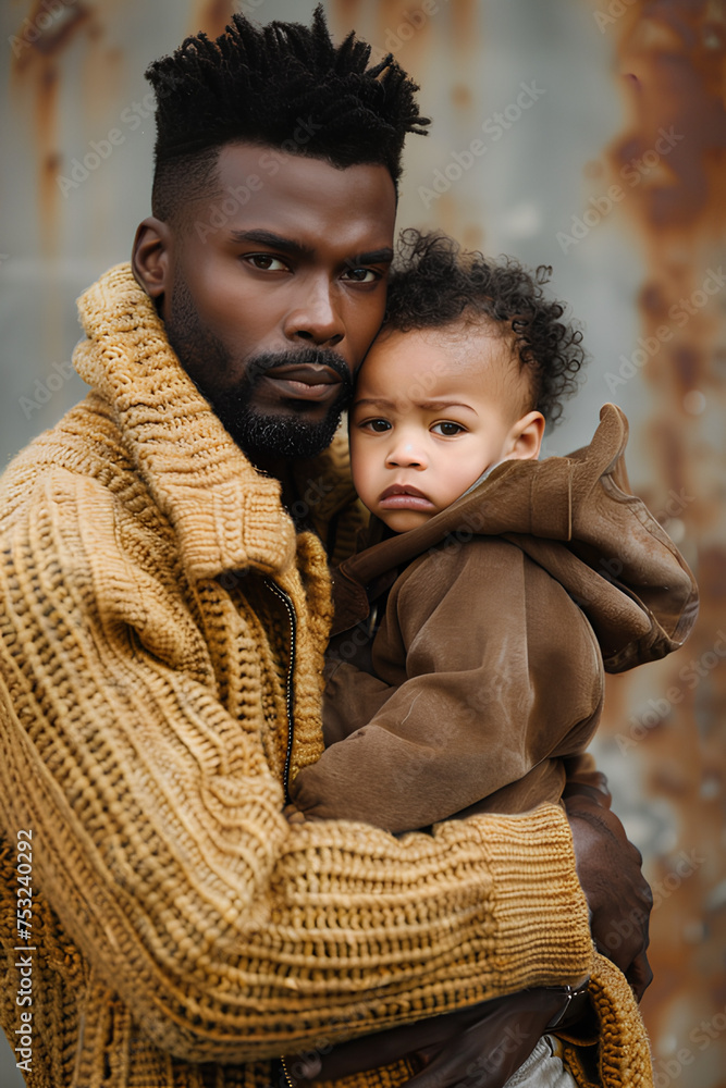 Obraz premium Illustration of African American Father and Son Bonding on Father's Day. Heartwarming Moment of Black Father and Child Connection Artwork.