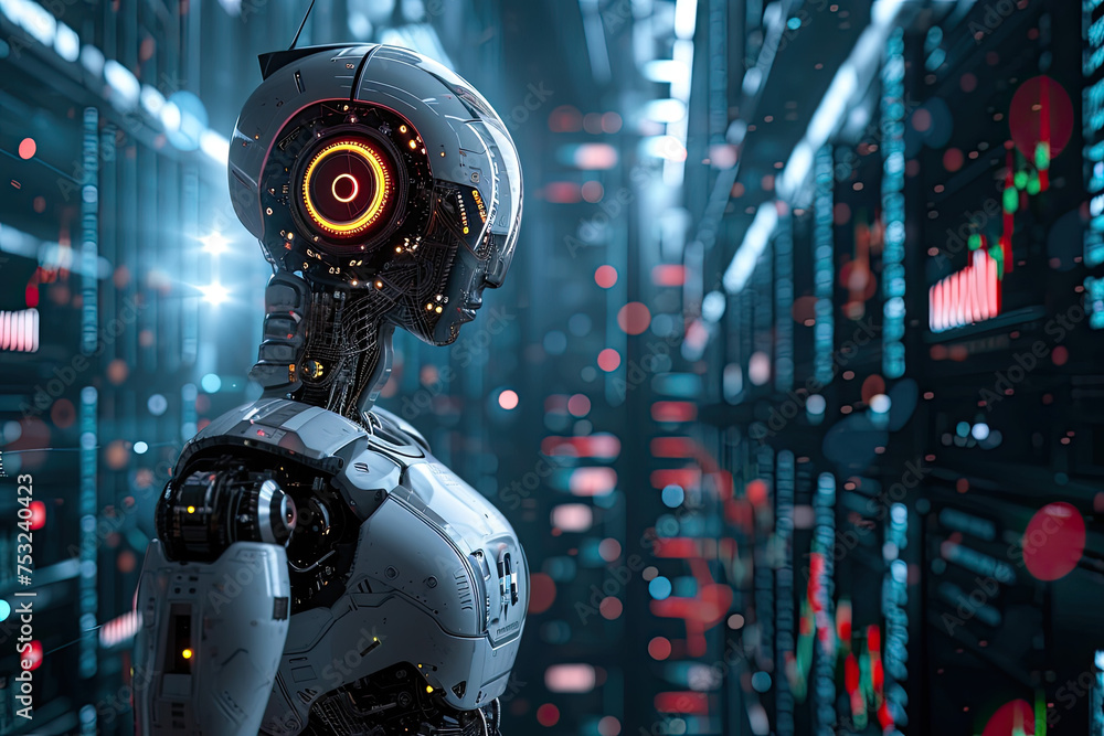 Artificial intelligence robot working at computer in office. IT team, Humanoid support center, Futuristic worker, Work at call center. Artificial intelligence robot working at computer in office. IT team, Humanoid support center, Futuristic worker, Work at call center.