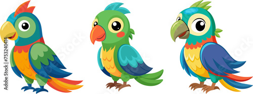 3 set of cute colorful parrot bards element vector flat illustration in transparent background